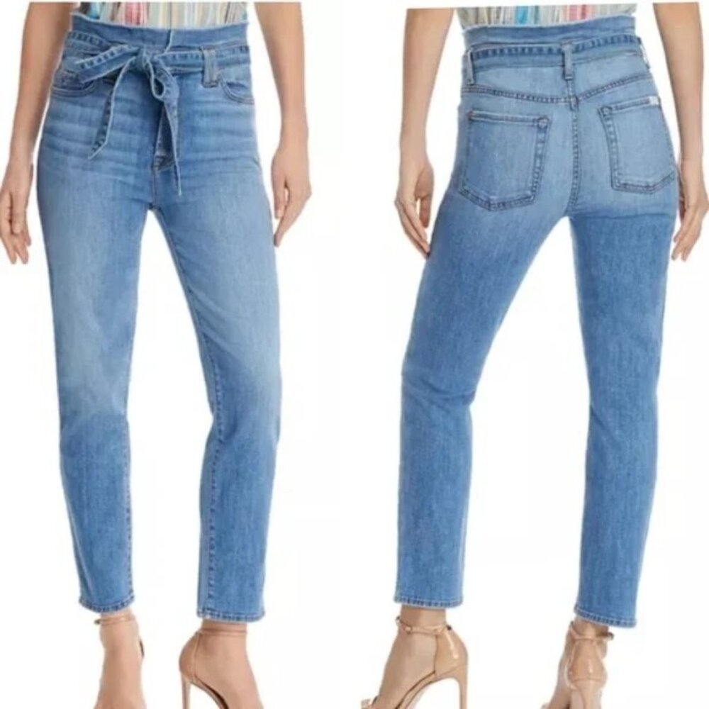 7 For All Mankind Roxanne Paper-Bag-Waist Jeans in Bright Bluejay Wash Size 28
